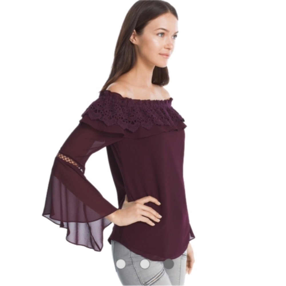 White House Black Market Boho Crochet Trim Top Bell Sleeve Size Medium - Picture 10 of 10